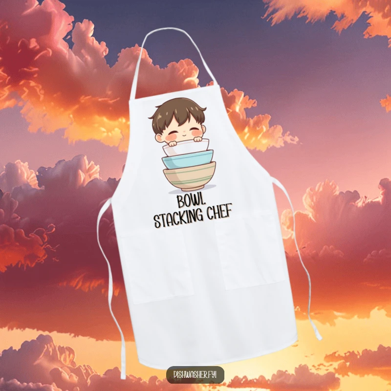 Funny Bowl Master Chef Apron showcasing a character admiring clean bowls, perfect for cooking with domestic order and humor.