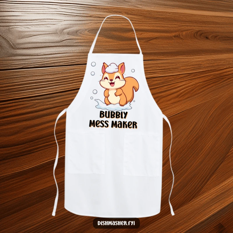 Funny playful squirrel character chasing soap suds on a kitchen apron, ready for energetic tasks, perfect funny gift.