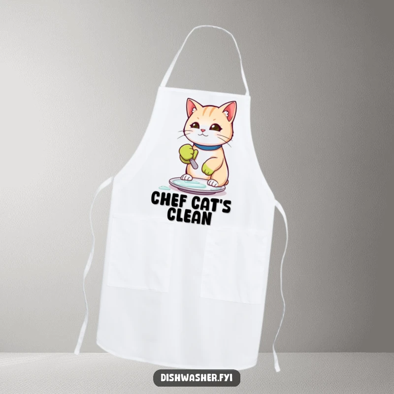 Funny apron with a dedicated cat in a rubber glove, scrubbing a plate clean, adding humor to kitchen duties.