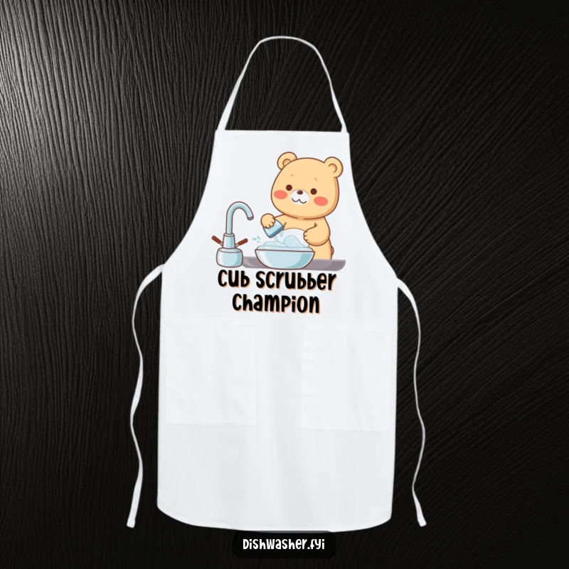 Funny Apron decorated with a cheerful bear character happily washing dishes with lots of bubbles, perfect for adding humor to kitchen tasks.