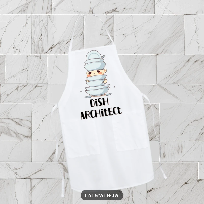 Funny apron showing a determined character stacking dirty dishes with extreme precision, adding humor and protection to cooking.