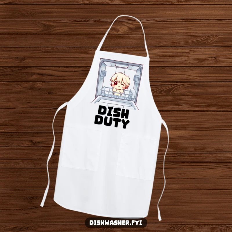 Funny Apron: A playful character peeking into an empty dishwasher, ideal for keeping clothes clean and sparking kitchen conversations.