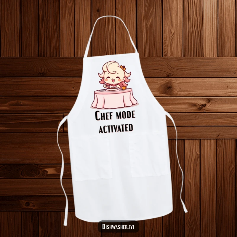 Funny beaming character setting a banquet table with a flourish on a functional kitchen apron.