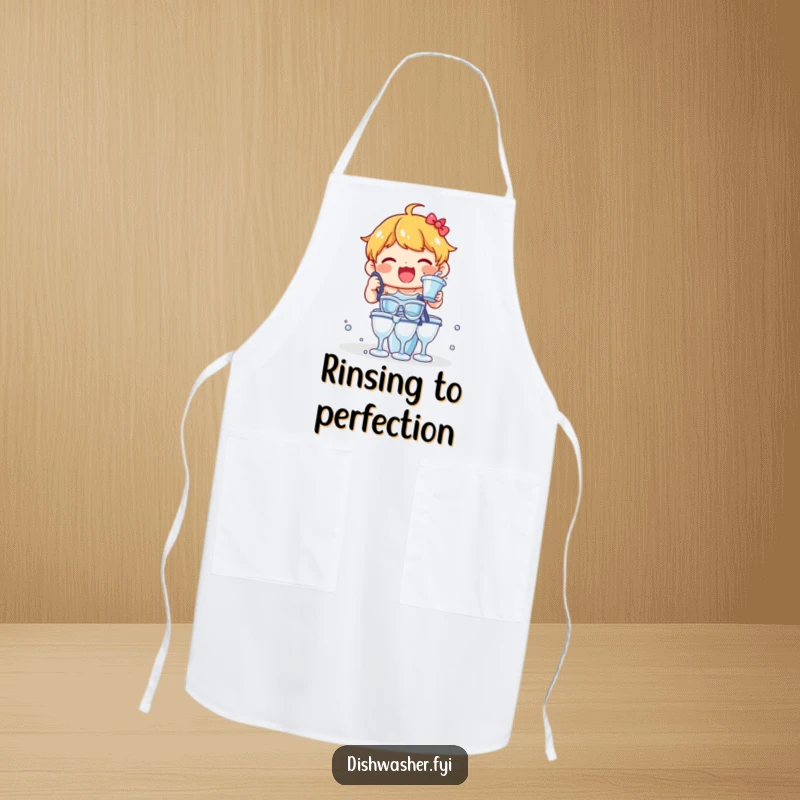 Funny apron features a delighted character enthusiastically rinsing a stack of glasses, a humorous and practical kitchen accessory.