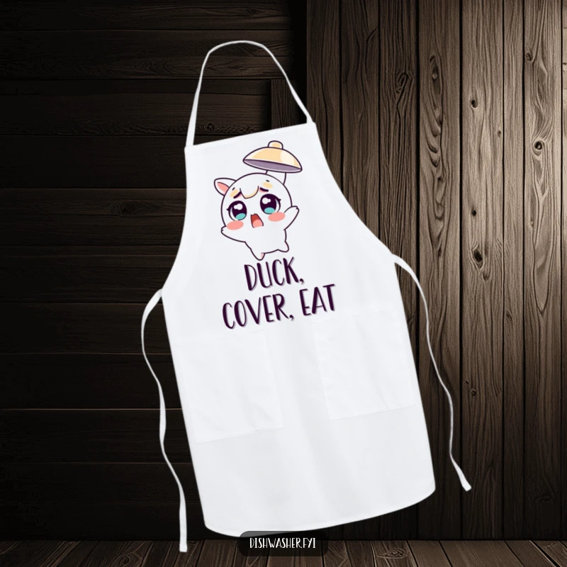 Funny character with wide eyes dodging a flying dish on a kitchen apron, a humorous and protective cooking companion.