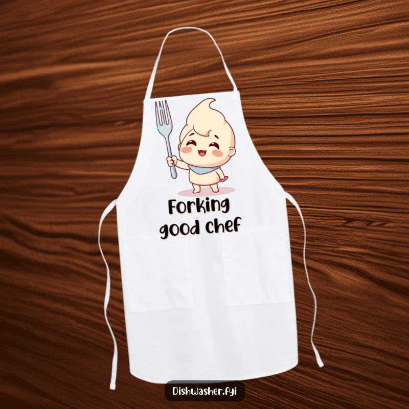 Funny apron with a smiling character holding a sparkling clean fork, ideal for kitchen use and adding humorous flair.