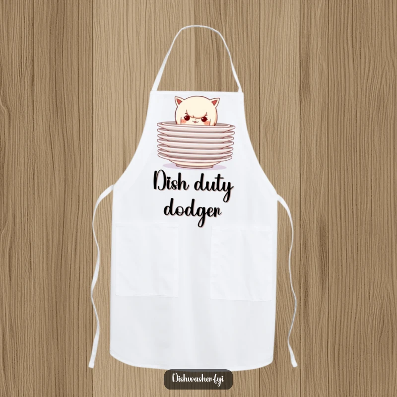 Funny apron featuring a mischievous character hiding behind a stack of clean plates, perfect for adding playful secrecy and fun to kitchen activities.