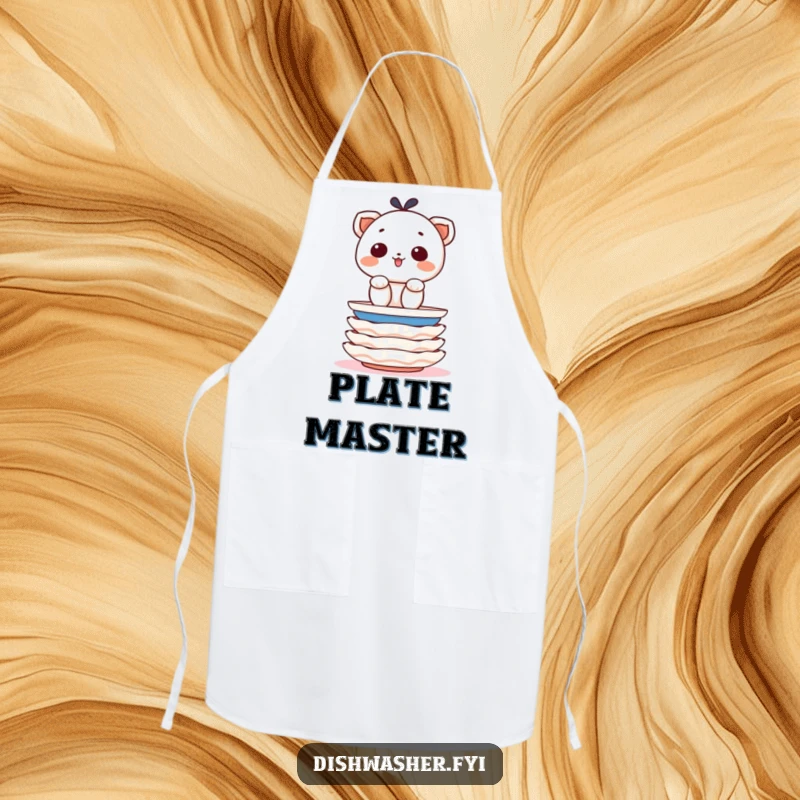 Funny apron with a determined character cheerfully stacking clean plates with precision, adding humor to kitchen duties.