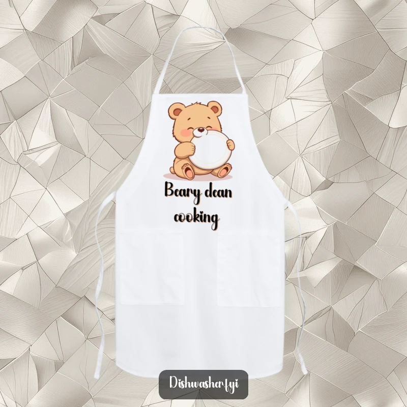 Funny kitchen apron with a gleeful bear cub polishing a shiny plate, designed for cooks who appreciate cleanliness and humor.