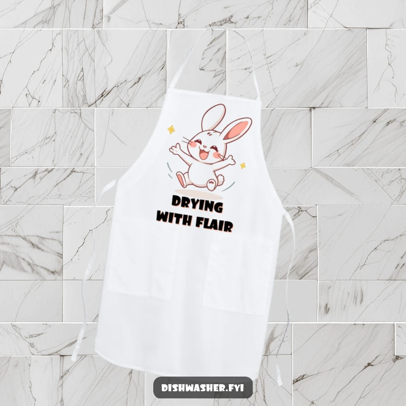 Funny rabbit apron with a joyous rabbit character swiftly drying plates, ideal for kitchen fun and protection during quick tasks.