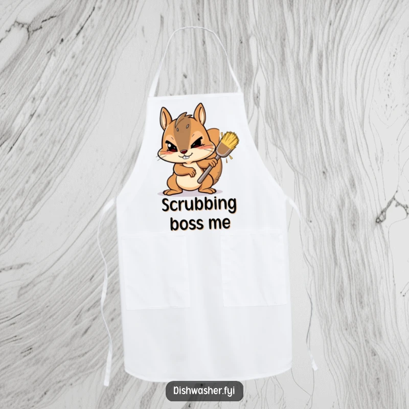 Funny Apron decorated with a determined squirrel character vigorously scrubbing a stubborn spot with gusto, perfect for adding humor to kitchen tasks.