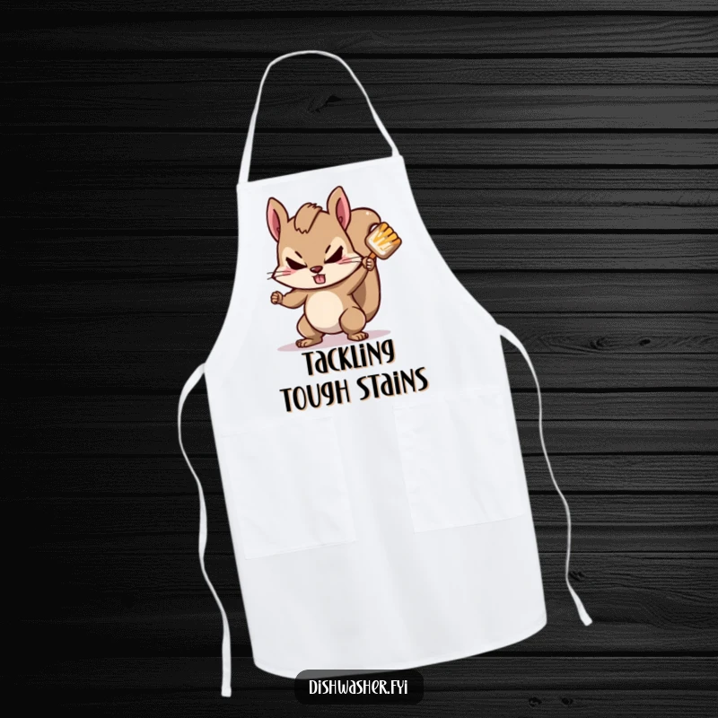 Funny squirrel apron with a determined squirrel character scrubbing a stubborn spot, ideal for kitchen fun and protection with tenacious humor.