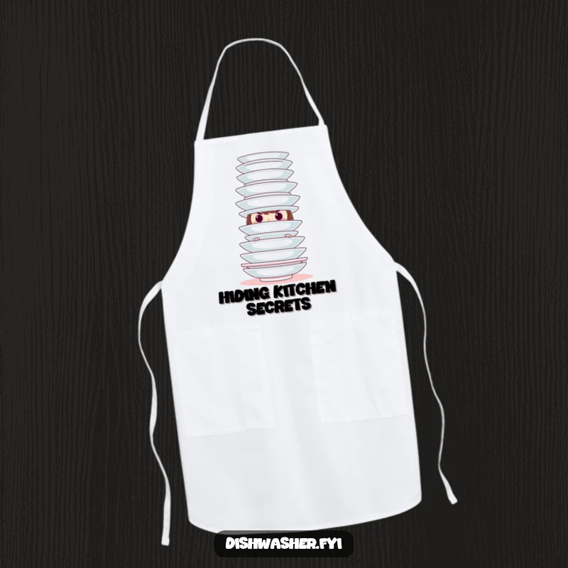 Funny hiding character apron featuring a mischievous character behind clean plates, perfect for adding a humorous and playful touch to kitchen activities.