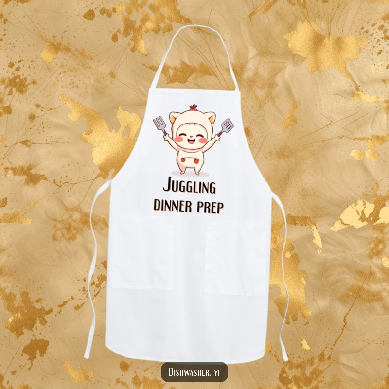 Funny apron with a mischievous character grinning while juggling small kitchen utensils, perfect for adding fun to cooking.