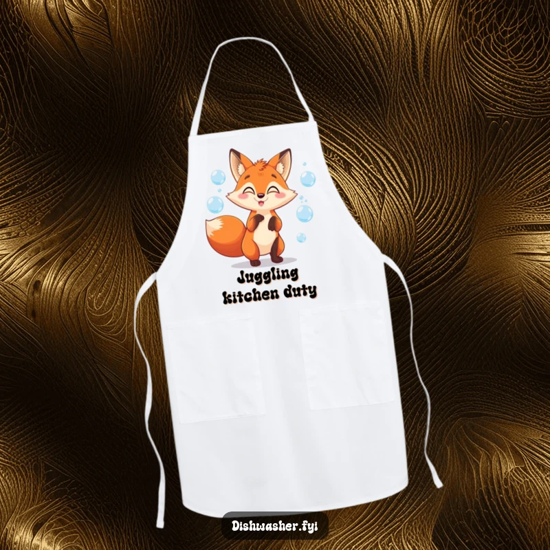 Funny fox apron with a mischievous fox character gleefully juggling soap bubbles, ideal for kitchen fun and protection with playful charm.