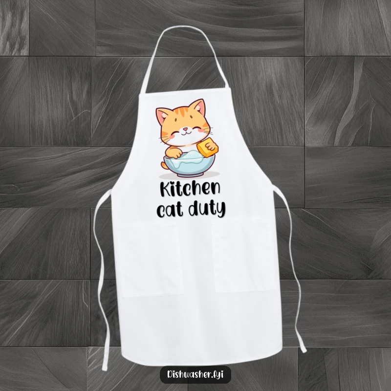 Funny happy cat character scrubbing dishes with bubbles on a kitchen apron, ready for clean tasks, perfect funny gift.