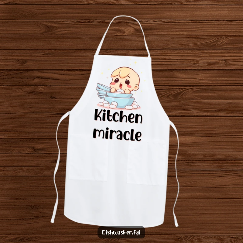 Funny apron featuring a surprised character looking at a sparkling clean pile of dishes. Ideal for cooking or kitchen tasks with a humorous touch.