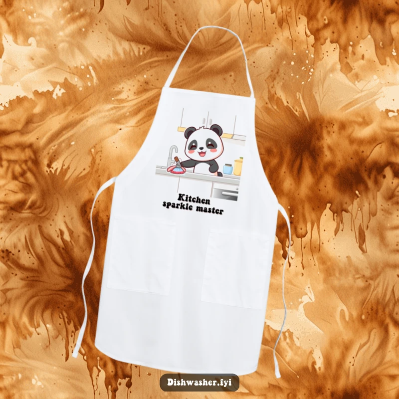 Funny Panda Apron: A smiling panda character is featured cleaning a kitchen counter, adding humor and happiness to cooking sessions.