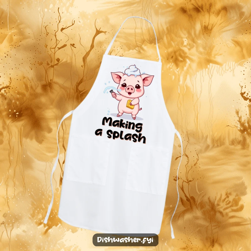 Funny piglet apron, depicting a cute piglet spraying soapy water from a sponge, humorous kitchen wear for aspiring chefs.