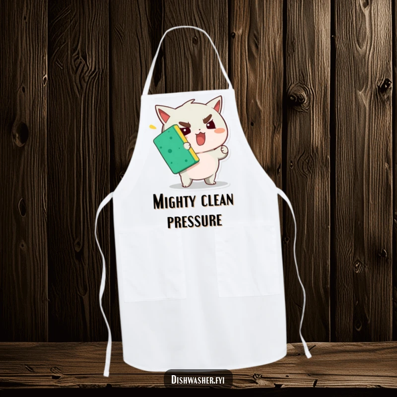 Funny apron showing a character putting all its might into squeezing a sponge, ideal for kitchen chores and humor.