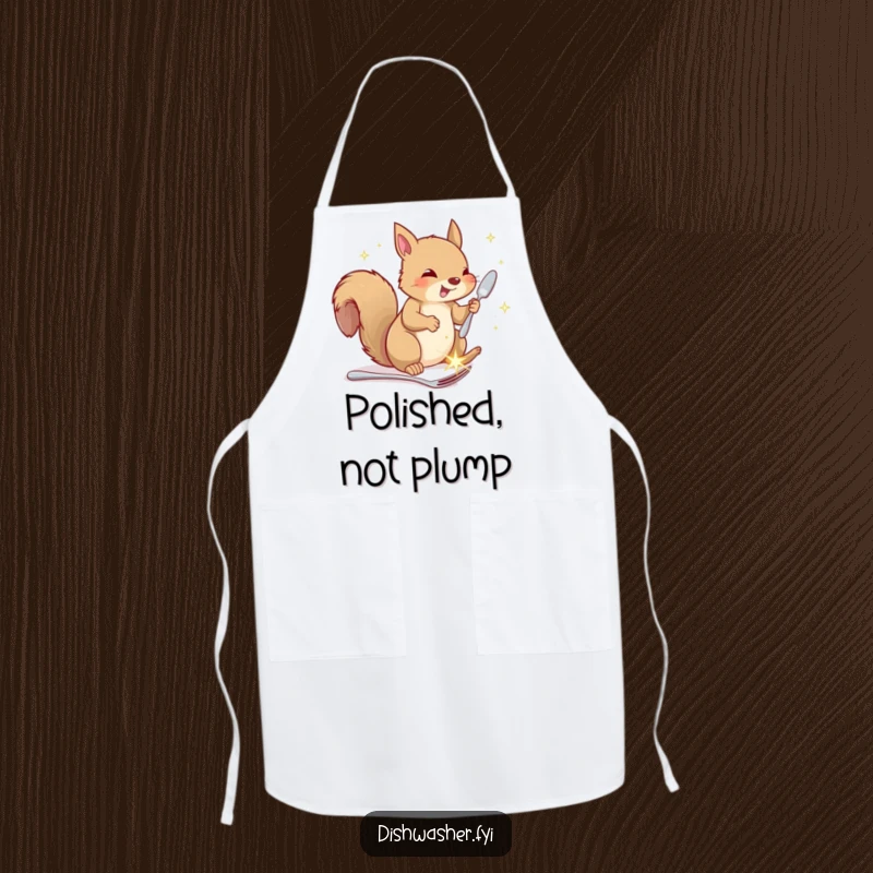 Funny squirrel apron, depicting a happy squirrel putting away sparkling cutlery, humorous kitchen wear for culinary adventurers.