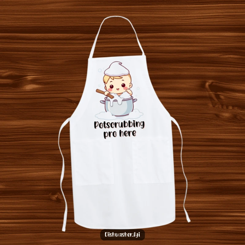 Funny apron features a cute character happily scrubbing a large pot with bubbly soap, a humorous and practical kitchen accessory.