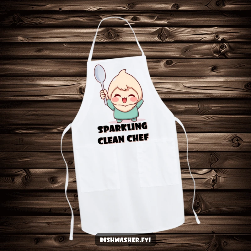 Funny apron with a character triumphantly holding a perfectly clean spoon with a wink, perfect for celebrating kitchen successes.