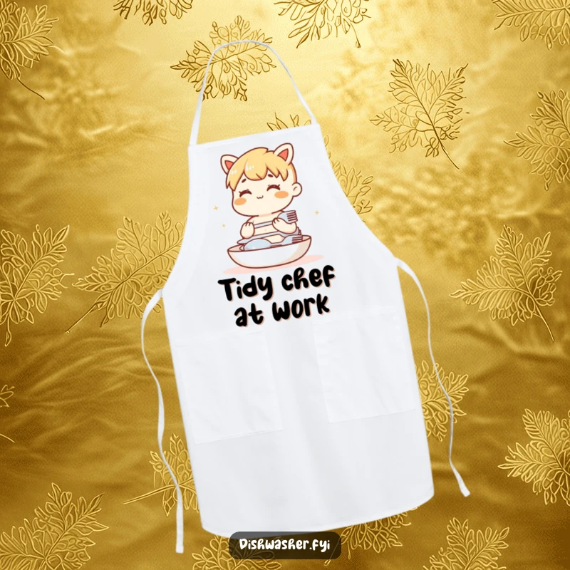 Funny apron showing a content character neatly stacking clean cutlery. Practical and humorous kitchen wear.