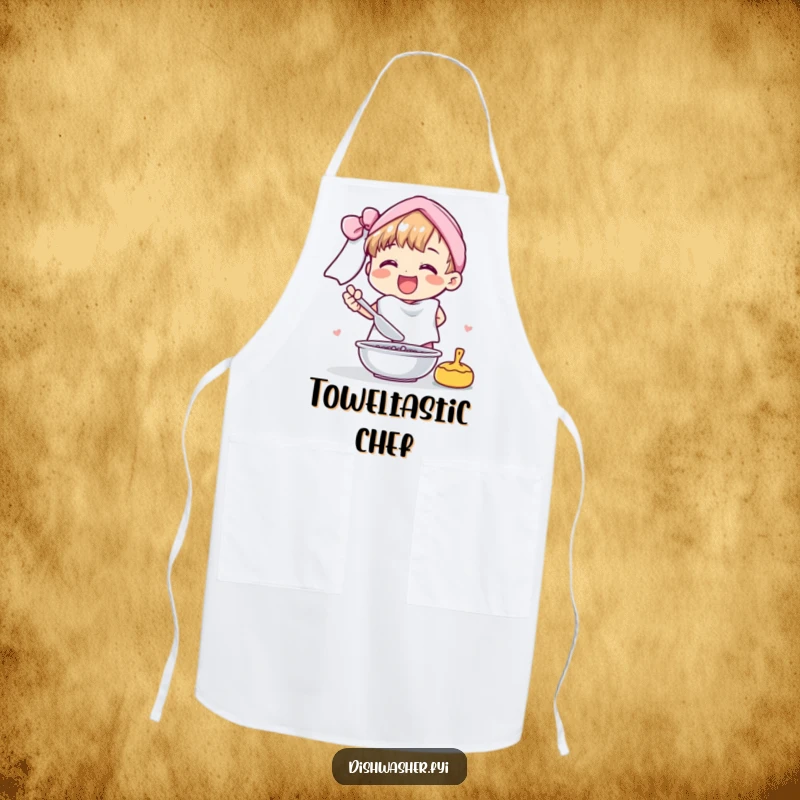 Funny apron features a cheerful character joyfully drying dishes with a fluffy towel, a humorous and practical kitchen accessory.