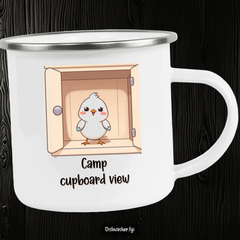 Funny camping mug with a happy bird peeking from a clean cupboard, perfect for outdoor enthusiasts who appreciate whimsical humor.
