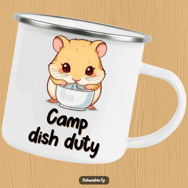 Funny camping mug showing a hamster with intense concentration, drying a small bowl, perfect for outdoor enthusiasts who appreciate clean humor.