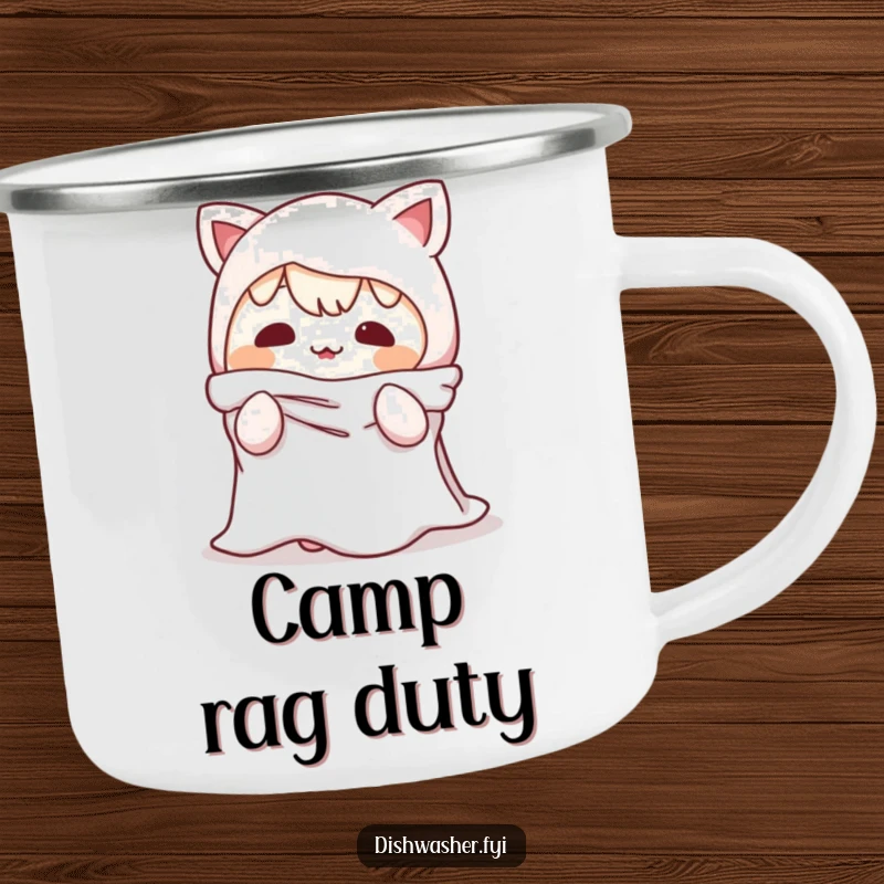 Funny Camping Mug: A character humorously disguised as a dishrag, providing amusement and conversation starters for outdoor excursions.