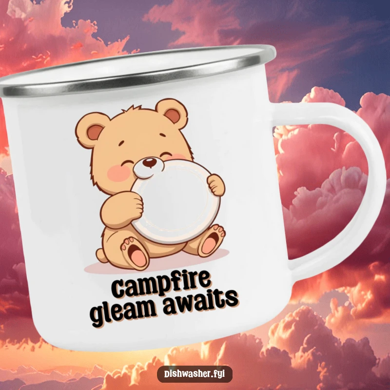 Funny camping mug featuring a gleeful bear cub polishing a shiny plate, designed for outdoor lovers who enjoy their drinks with a clean, humorous vibe.