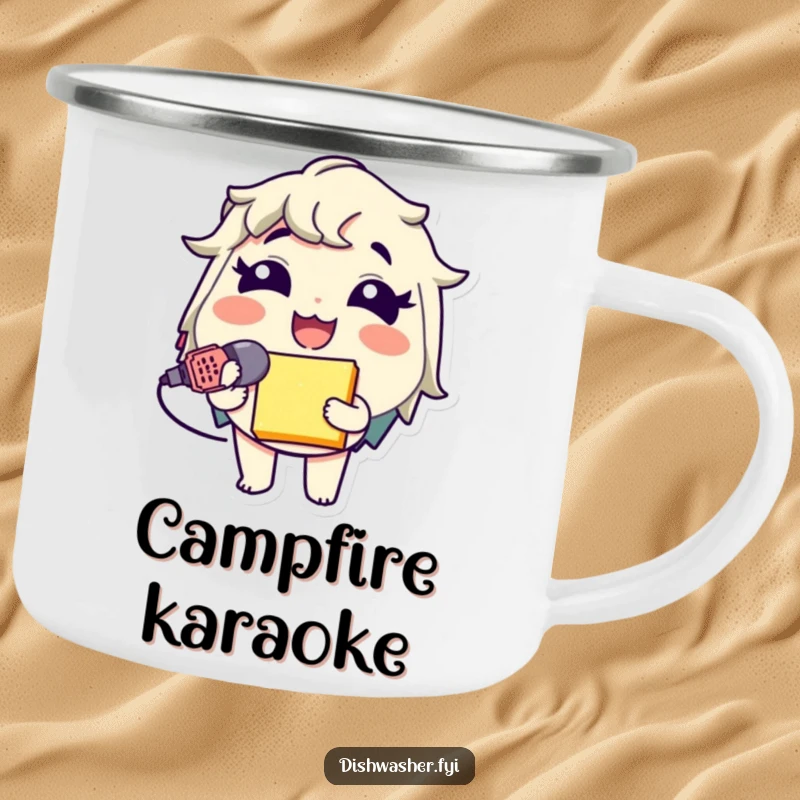 Funny Sponge Mic Camping Mug with a giggling character using a sponge as a microphone, perfect for drinks and outdoor karaoke humor.
