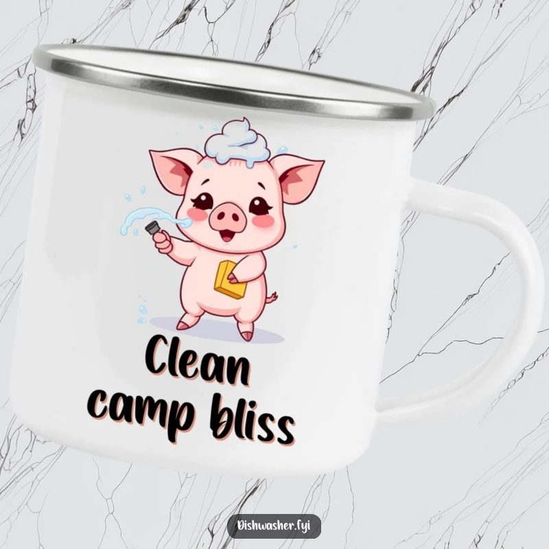 Funny piglet camping mug, depicting a cute piglet spraying soapy water from a sponge, humorous and sturdy outdoor mug.