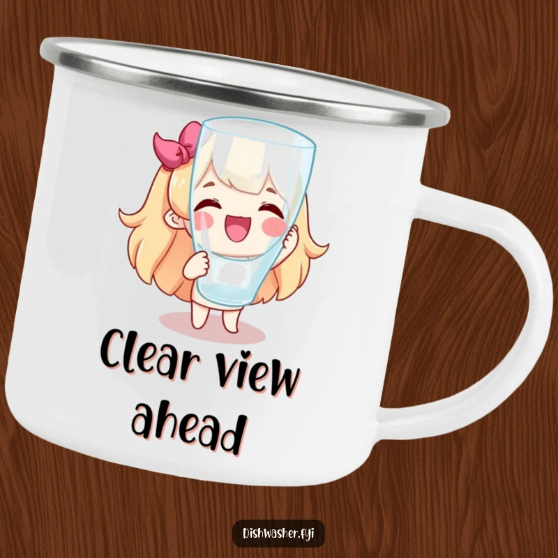 Funny camping mug featuring a joyful character proudly displaying a perfectly clean glass. Durable and humorous drinkware.