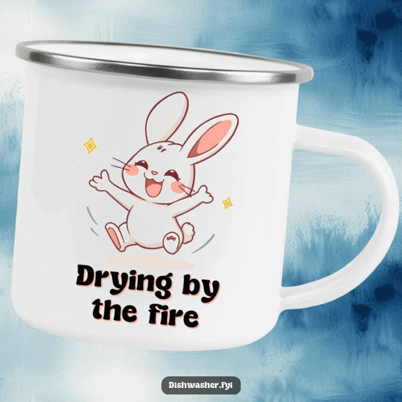 Funny rabbit camping mug with a joyous rabbit drying plates energetically, perfect for outdoor adventures and quick, humorous drinks.