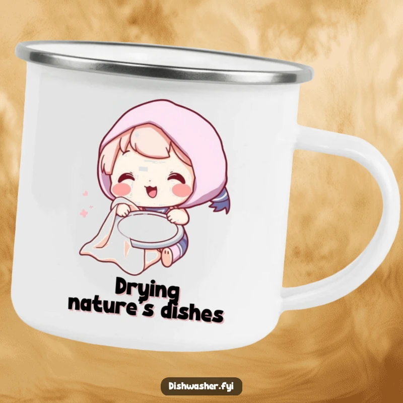 Funny camping mug featuring a playful character humorously drying a plate, ideal for enjoying drinks outdoors with a smile.