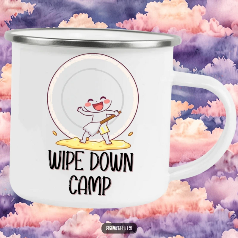 Funny camping mug featuring a cheerful character scrubbing a plate with gusto, built for adventures and spreading cleaning humor.