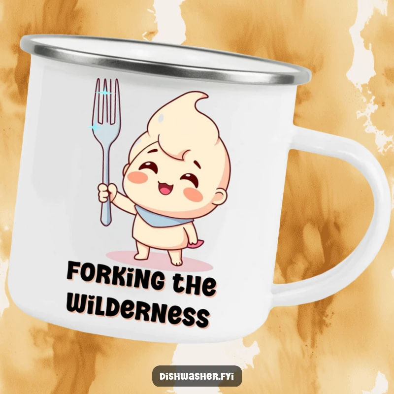 Funny camping mug featuring a smiling character holding a sparkling clean fork, built for adventures and spreading triumphant humor.