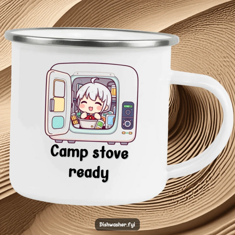 Funny camping mug showing a character enthusiastically loading items into a compact appliance, designed for tech-savvy adventurers.