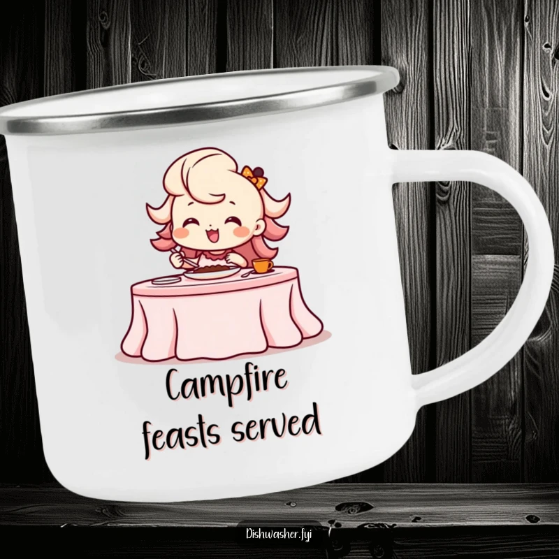 Funny beaming character setting a rustic table with a flourish in an enamel camping mug, ready for the wilds.