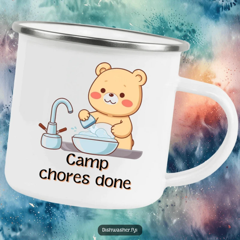 Funny Camping Mug showing a cheerful bear happily washing dishes with bubbles, perfect for outdoor enthusiasts who enjoy a humorous mug.