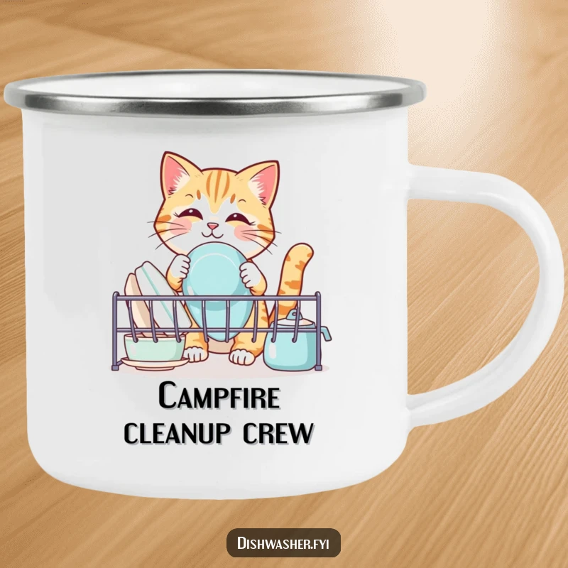 Funny cat camping mug, showing a cute cat organizing clean dishes in a rack, a humorous and sturdy mug for outdoor enthusiasts.
