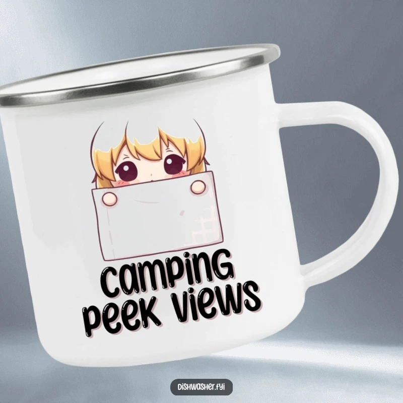 Funny curious character peeking from behind a clean napkin in an enamel camping mug, ready for outdoor exploration.