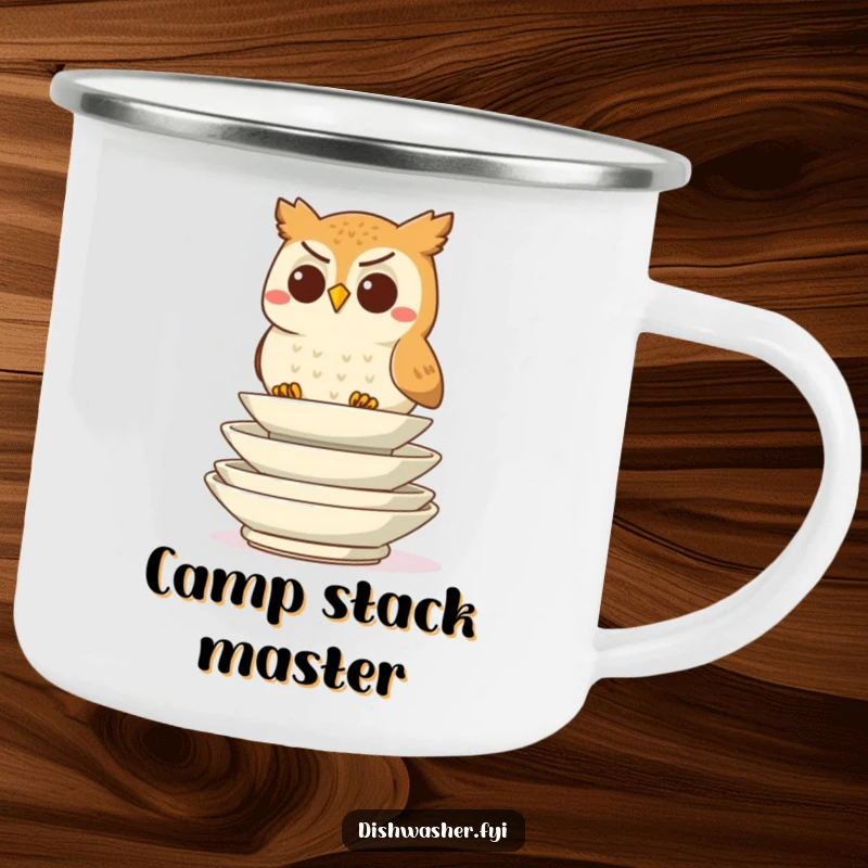 Funny determined owl character stacking plates on a rugged camping mug, perfect for outdoor organization and humor, great funny gift.