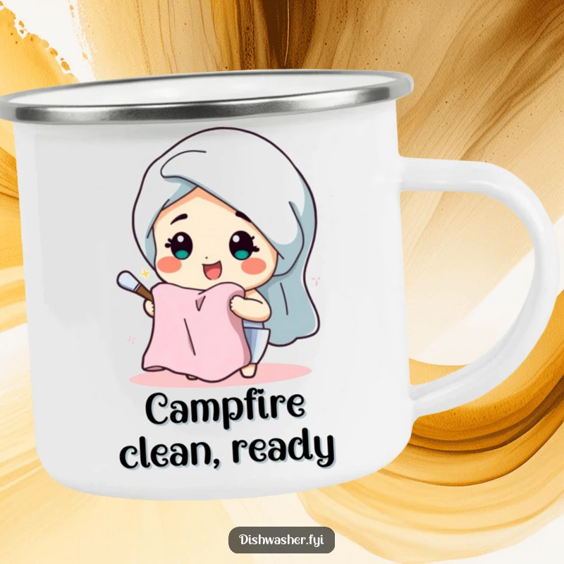 Funny camping mug with a cheerful character beaming while drying dishes with a fluffy towel, perfect for outdoor enjoyment.