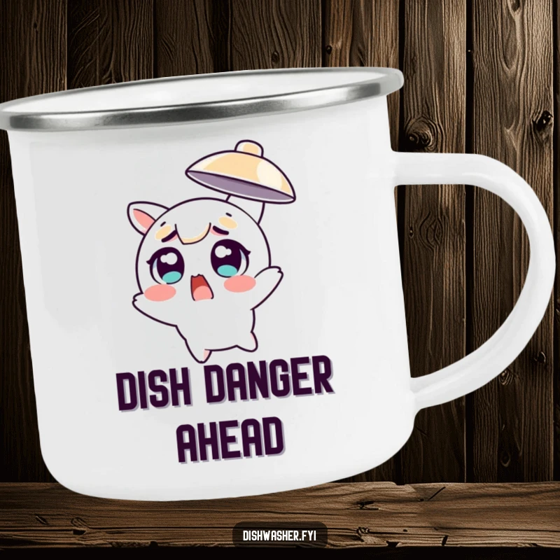 Funny character with wide eyes narrowly dodging a flying dish on a durable camping mug, perfect for outdoor amusement.