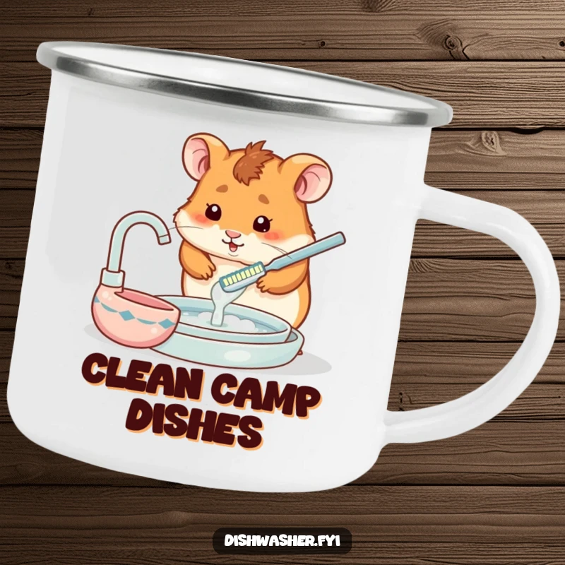Funny camping mug with a hamster diligently using a tiny toothbrush to wash dishes, ideal for outdoor enthusiasts.