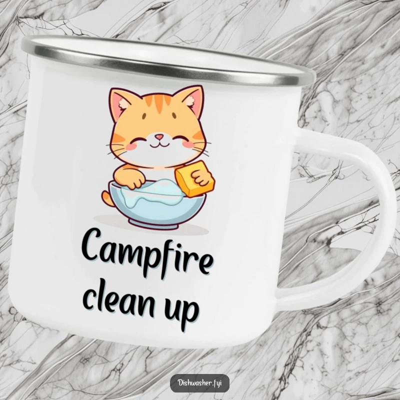 Funny happy cat character scrubbing dishes on a robust camping mug, perfect for outdoor tidiness and humor, great funny gift.